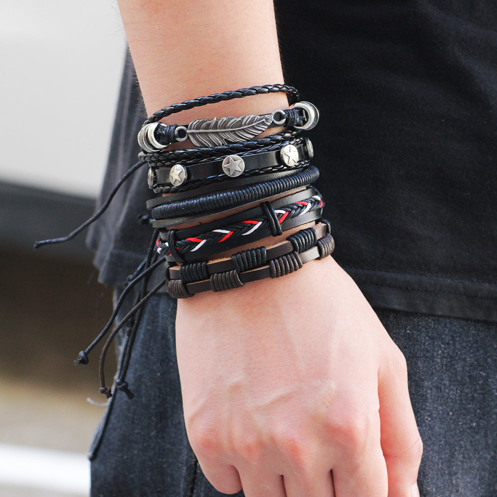 multilayer sheet vintage leather band of men of fashion craft star rope twisted Wrap Bracelets & bangles