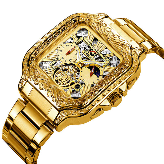 Retro Square Carved Multifunctional Six-pin Men's Watch