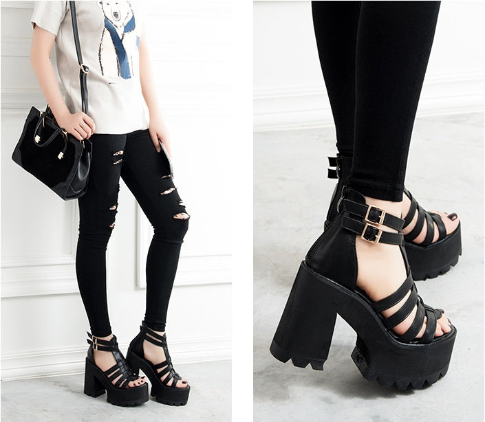 Fish mouth high heel thick heel sandals