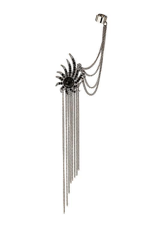Diamond black firework tassel ear bone clip earrings