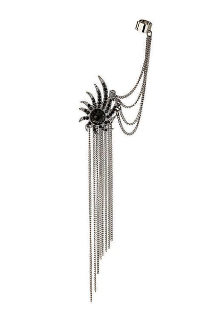 Diamond black firework tassel ear bone clip earrings