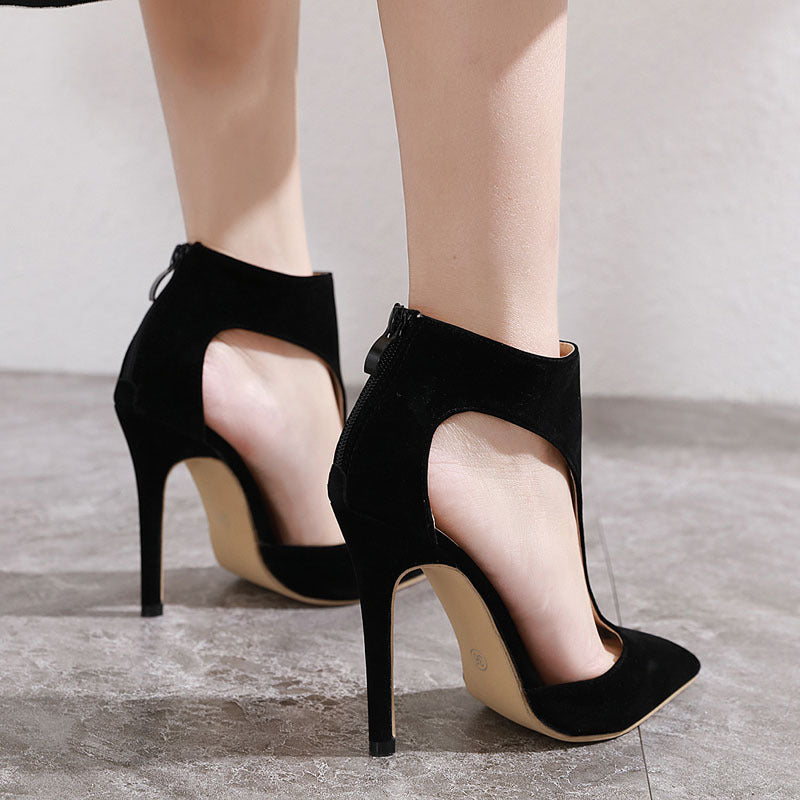 Sexy hollow pointed stiletto heel suede sandals