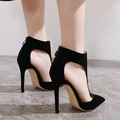 Sexy hollow pointed stiletto heel suede sandals
