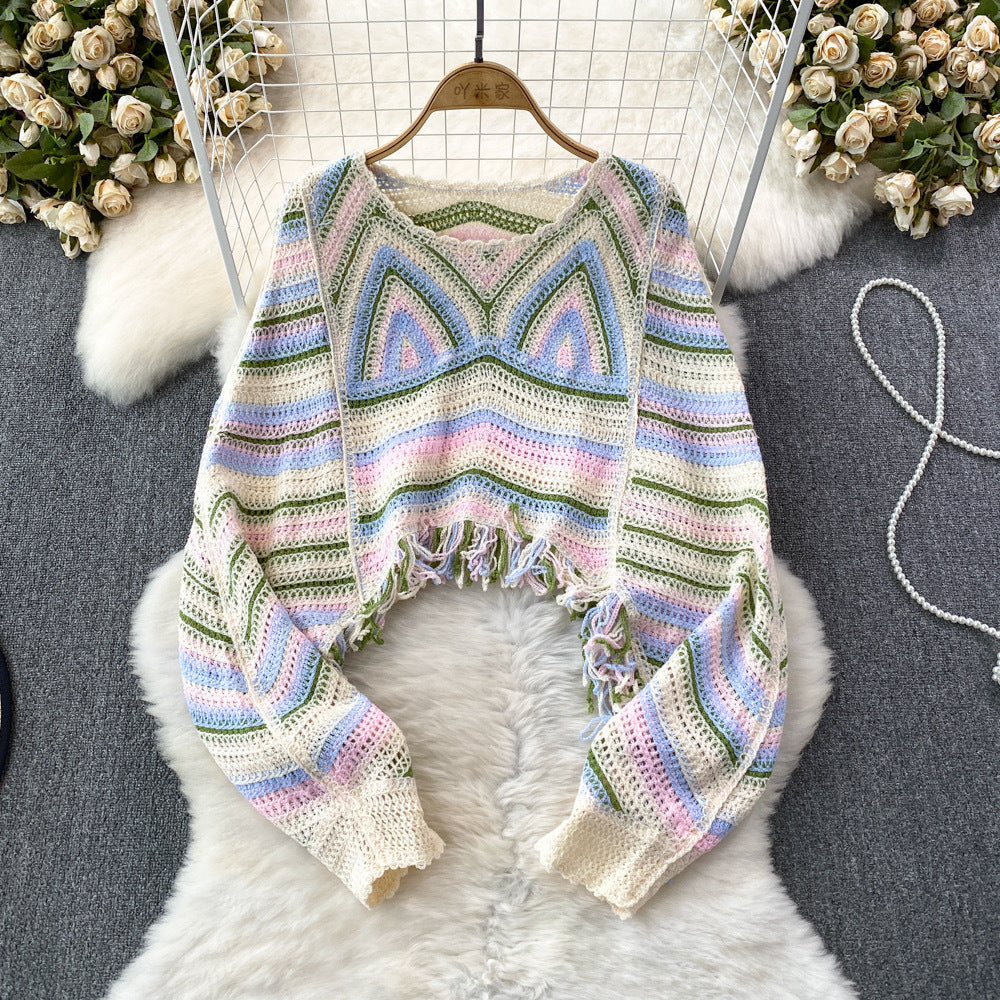 Short Tassel Cropped Thai Sweater Long Sleeve Blouse