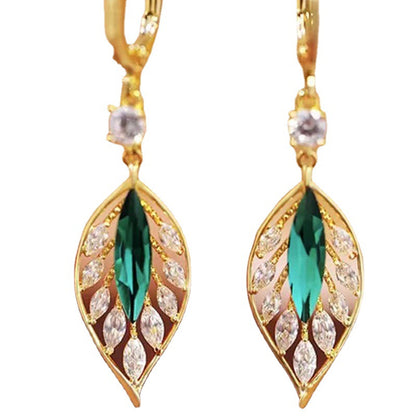 Shining Zircon Green Leaves Ear Clip Trendy Elegant Earrings