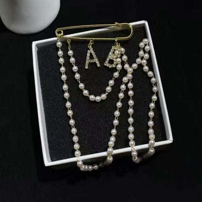 Retro Tassel Pearl Chain Letter Brooch Ins Tide Personality Anti-glare Pin Clothes Accessories