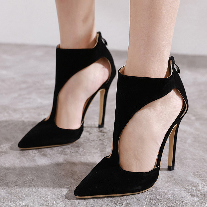 Sexy hollow pointed stiletto heel suede sandals