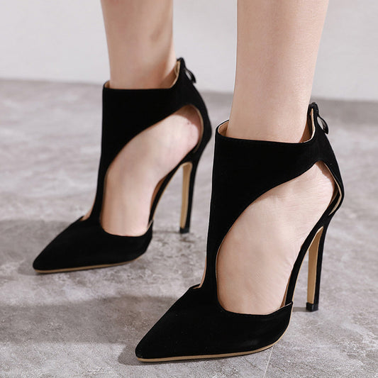 Sexy hollow pointed stiletto heel suede sandals