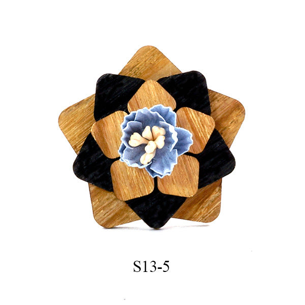 Color-blocking handmade wooden corsage brooch