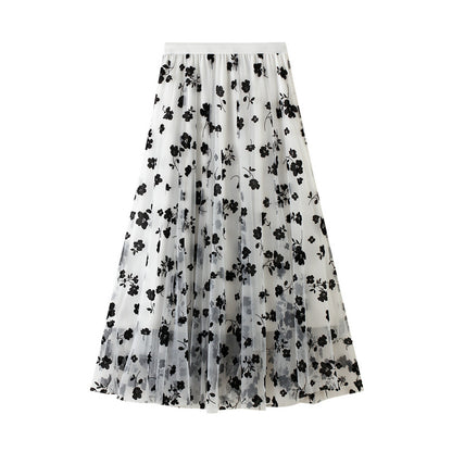 Thin Drape Pleated Skirt Flocking Mesh Skirt Women