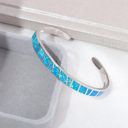 CiNily White & Blue Fire Opal Stone Open Bangles Silver