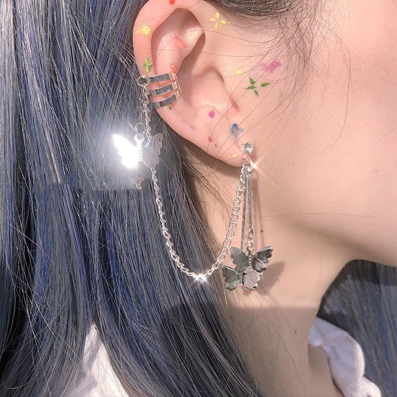 Butterfly Pendant Chain Tassel Earrings Ear Bone Clip