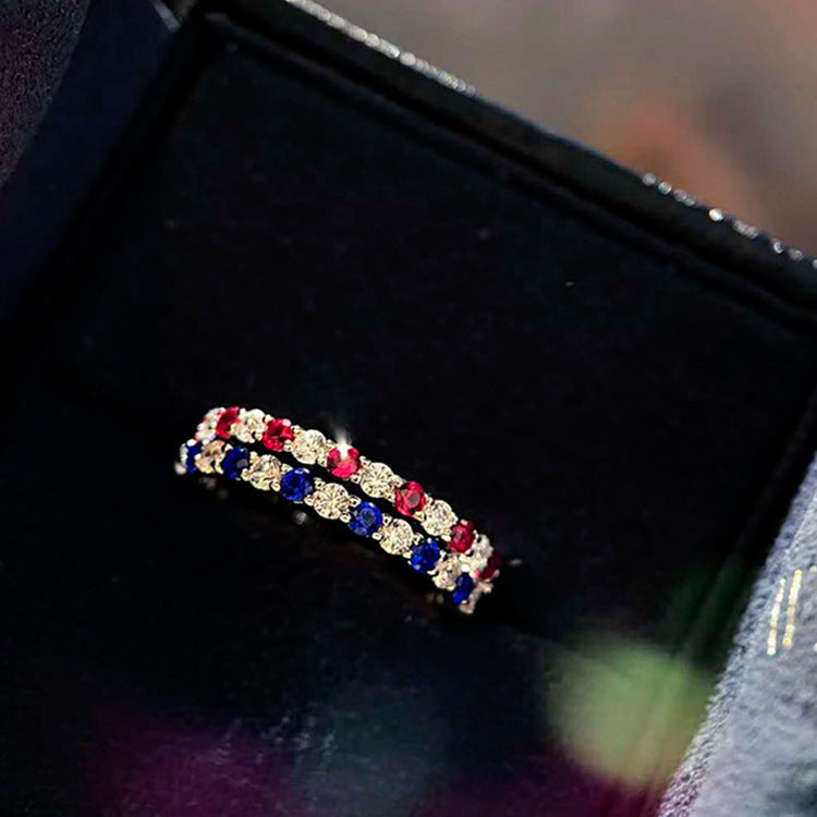 Imported 5A high carbon diamond natural red sapphire row diamond vice ring diamond ring 925 silver plated platinum stacking ring