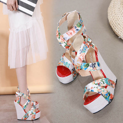 Silk-Printed Wedge High-Heel Comfortable Platform Sandals