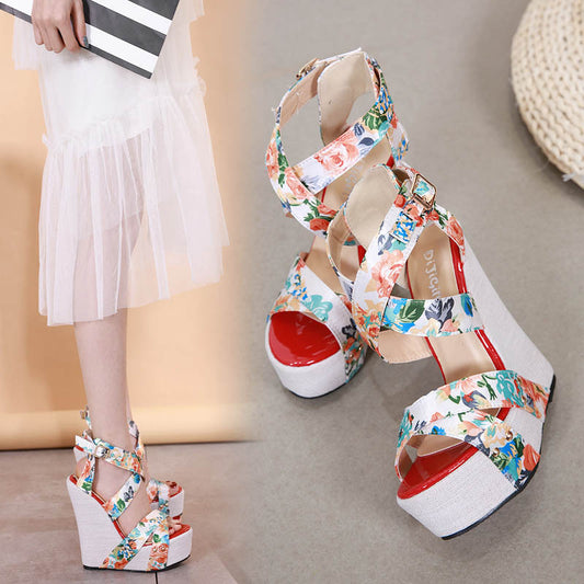 Silk-Printed Wedge High-Heel Comfortable Platform Sandals