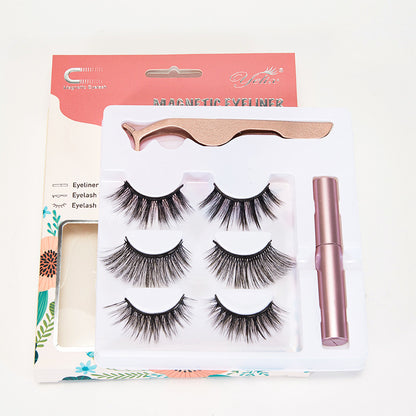 Yelix Cross-Border Magnetic False Eyelashes Set Liquid Eyeliner 3 Pairs Magnetic Free Glue