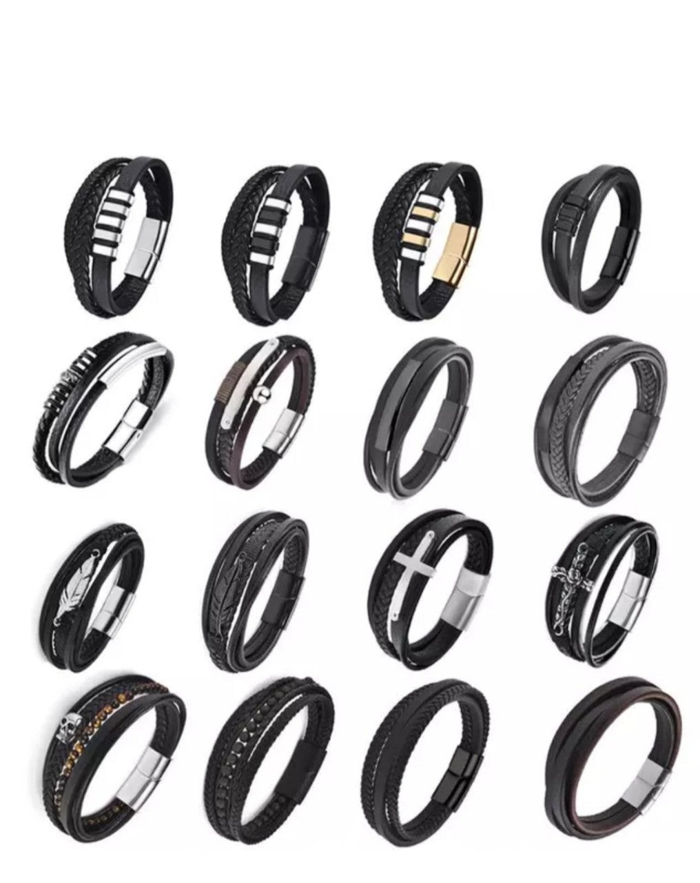Stainless Steel Charm Men Bracelet Magnetic Clasp Braided Mutilayer Leather Wrapping Punk Rock Bangles