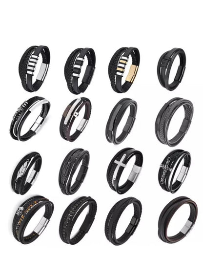 Stainless Steel Charm Men Bracelet Magnetic Clasp Braided Mutilayer Leather Wrapping Punk Rock Bangles