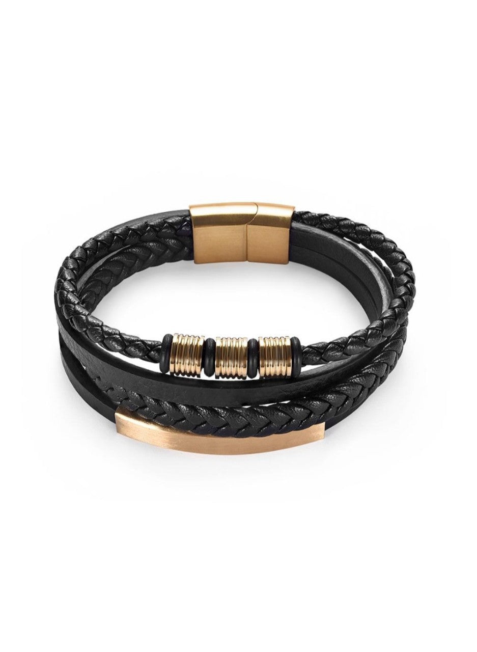 Stainless Steel Charm Men Bracelet Magnetic Clasp Braided Mutilayer Leather Wrapping Punk Rock Bangles