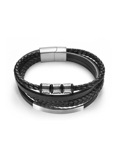 Stainless Steel Charm Men Bracelet Magnetic Clasp Braided Mutilayer Leather Wrapping Punk Rock Bangles