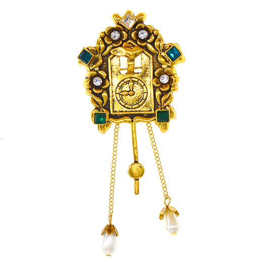 Design Sense Retro Portrait Bird Alarm Clock Brooch Palace Carved Tassel Brooch Long Brooch Female