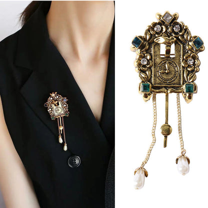 Design Sense Retro Portrait Bird Alarm Clock Brooch Palace Carved Tassel Brooch Long Brooch Female
