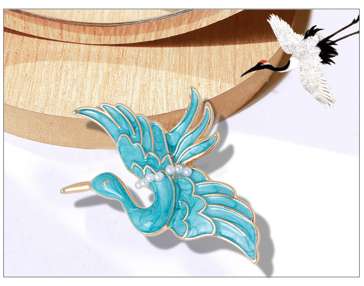 Blue Crane Brooch Enamel Drop Oil Pearl Brooch