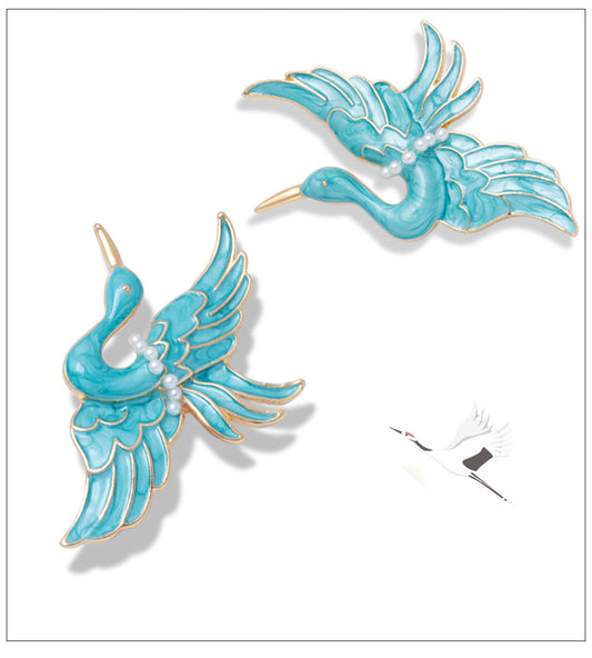 Blue Crane Brooch Enamel Drop Oil Pearl Brooch