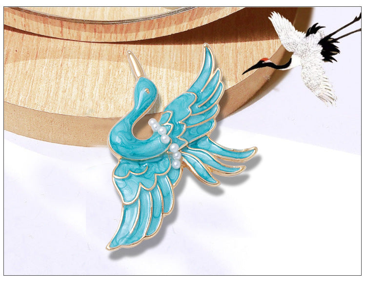 Blue Crane Brooch Enamel Drop Oil Pearl Brooch