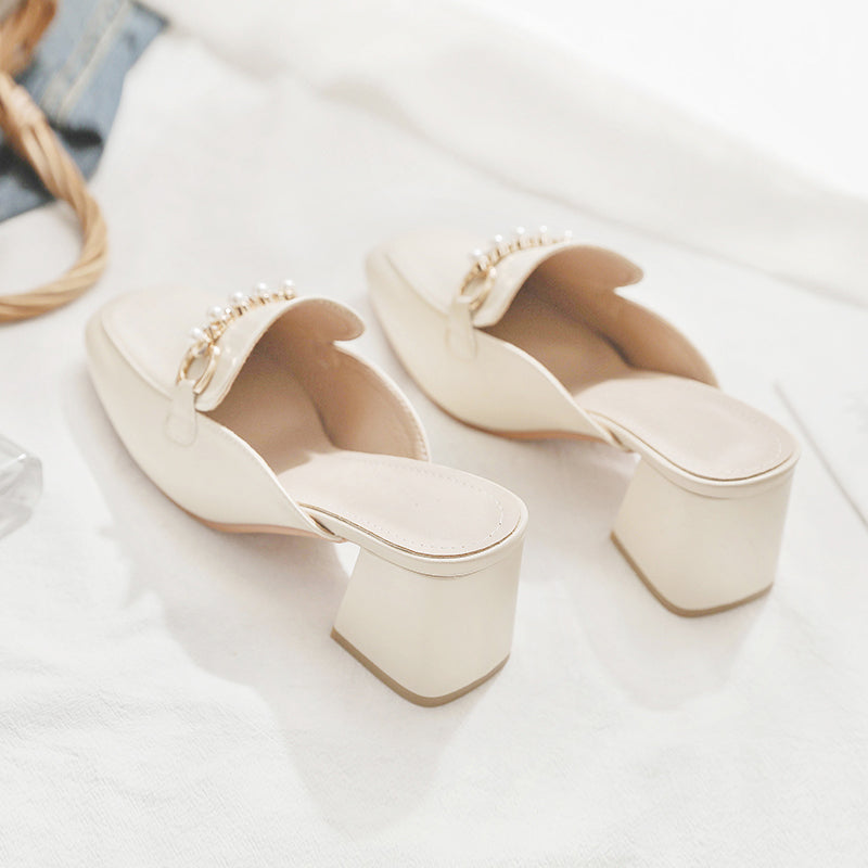 Summer New Net Celebrity No Heel Lazy Thick Heel High Heel Baotou Half Slippers Female Outer Wear Half Support Single Shoes Women