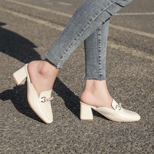 Summer New Net Celebrity No Heel Lazy Thick Heel High Heel Baotou Half Slippers Female Outer Wear Half Support Single Shoes Women