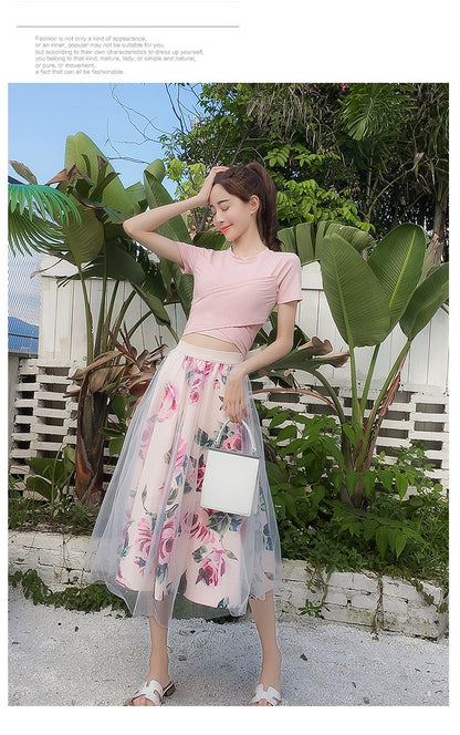 Women Irregular T Shirt Mesh Skirts Suits Tops Vintage Skirt