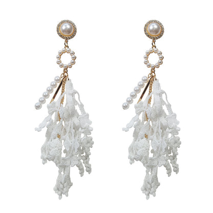 Personality Temperament Ladies Fringed Lace Flower Pearl Long Earrings Earrings Earrings Earrings Women