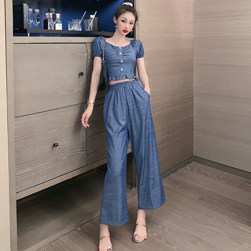 Summer New Fashion Denim Short Jacket Wide Leg Pants Two Piece Women