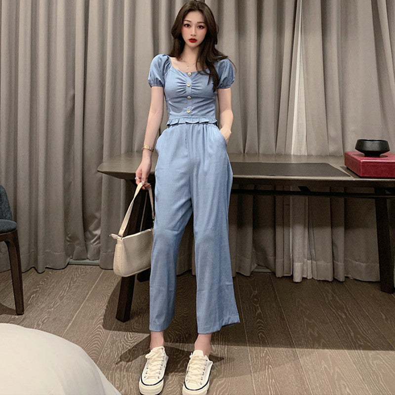 Summer New Fashion Denim Short Jacket Wide Leg Pants Two Piece Women