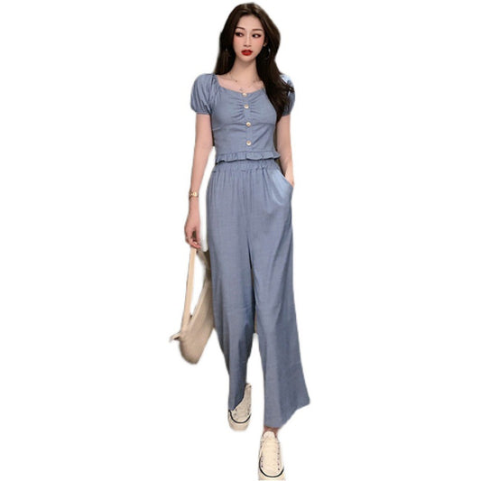 Summer New Fashion Denim Short Jacket Wide Leg Pants Two Piece Women