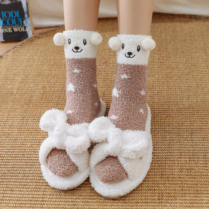 Home Coral Fleece Plus Velvet Towel Floor Sleep Socks