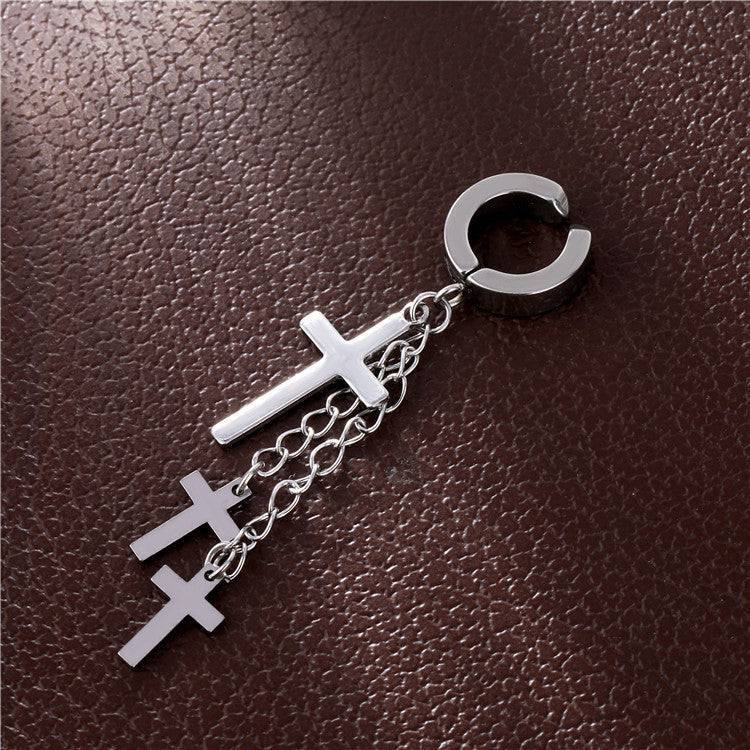 European And American Personality Titanium Steel Three Cross Ear Clip Earrings Chain Tassel Cross Ear Clip Earrings