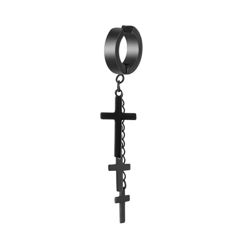 European And American Personality Titanium Steel Three Cross Ear Clip Earrings Chain Tassel Cross Ear Clip Earrings