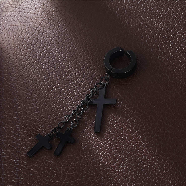 European And American Personality Titanium Steel Three Cross Ear Clip Earrings Chain Tassel Cross Ear Clip Earrings
