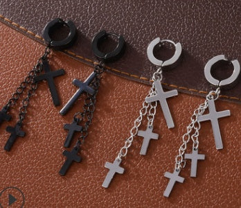 European And American Personality Titanium Steel Three Cross Ear Clip Earrings Chain Tassel Cross Ear Clip Earrings