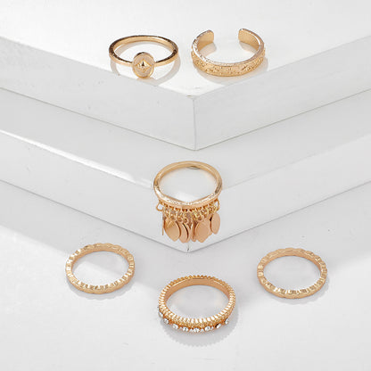 6-piece Ring Geometric Leaf Tassel  Ring
