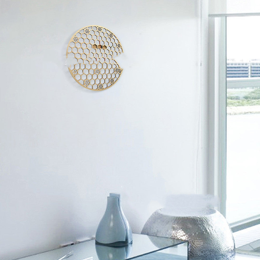Wooden Wall Clock Round Hexagonal Geometric Pattern Wall Clock