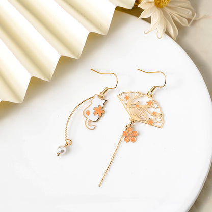 Billionunicorn Cherry Cat Fan Earrings Ear Clip No Ear Hole Female National Style Sweet Asymmetric Earrings
