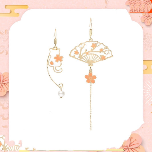 Billionunicorn Cherry Cat Fan Earrings Ear Clip No Ear Hole Female National Style Sweet Asymmetric Earrings