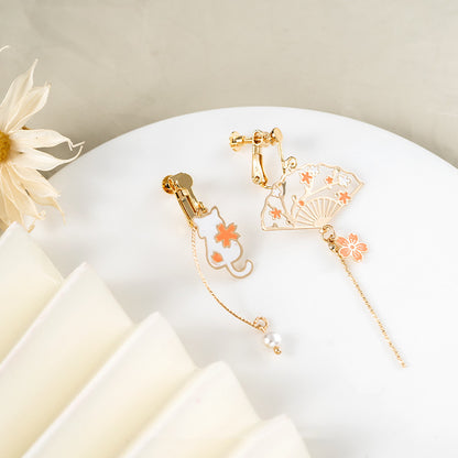 Billionunicorn Cherry Cat Fan Earrings Ear Clip No Ear Hole Female National Style Sweet Asymmetric Earrings