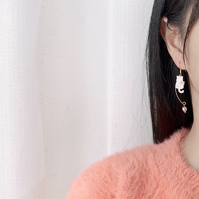 Billionunicorn Cherry Cat Fan Earrings Ear Clip No Ear Hole Female National Style Sweet Asymmetric Earrings