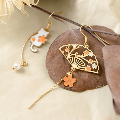 Billionunicorn Cherry Cat Fan Earrings Ear Clip No Ear Hole Female National Style Sweet Asymmetric Earrings