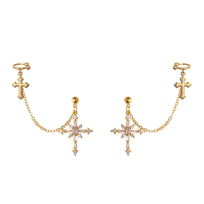 Baroque cross ear bone clip earrings