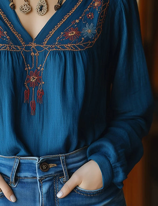 Boho Print V-Neck Blouse with Rustic Charm